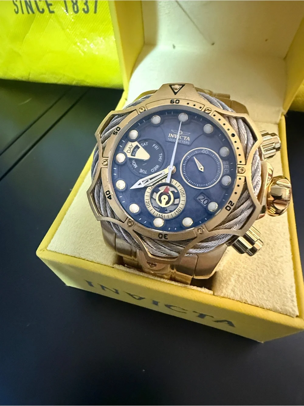 Invicta Reserve Gold Tone Watch with Blue Dial and Cable Accent